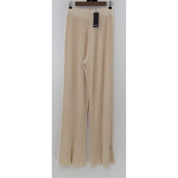 NWT Nasty Gal Ostmeal Knitted Pleated Wide Leg Trousers Elastic High Waist Sz 4 - Picture 1 of 11